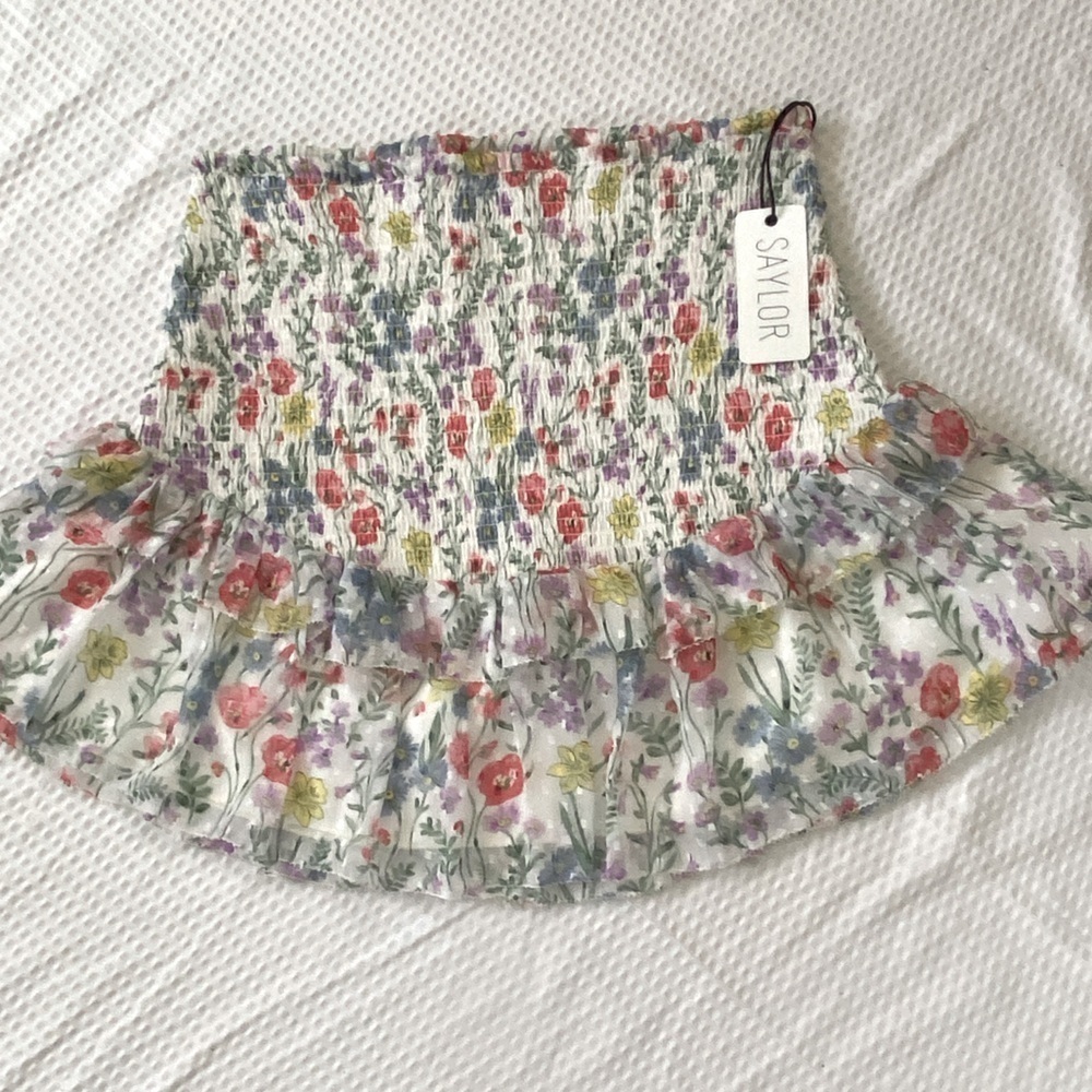 Saylor Teryn Mini Skirt Floral Smocked Tiered Ruffle Georgette - Medium NWT